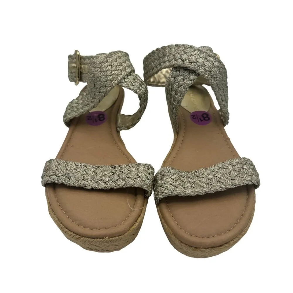 Arturo Chiang Beige Gold Woven Strap Espadrille Wedge Sandals Size 8.5
